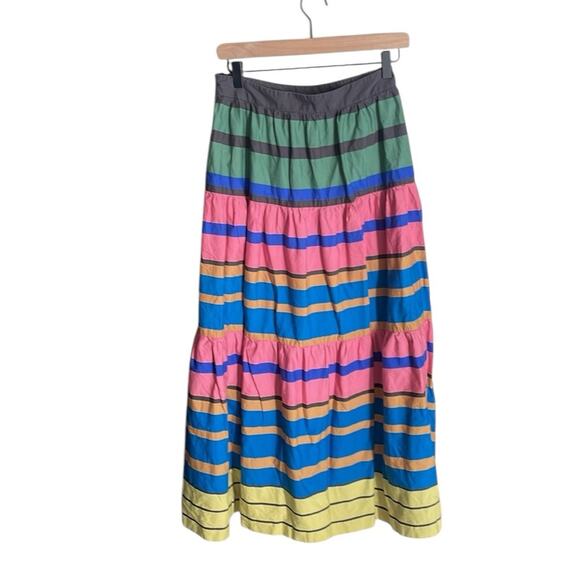 STAUD Sea Tiered Striped Stretch cotton Midi Skirt Multi Formentera Stripe - Picture 3 of 16